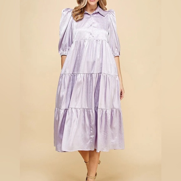 Lavender Midi Shirt Dress Large Pants Store NWT Ruffled Button Front Collared - Picture 9 of 9